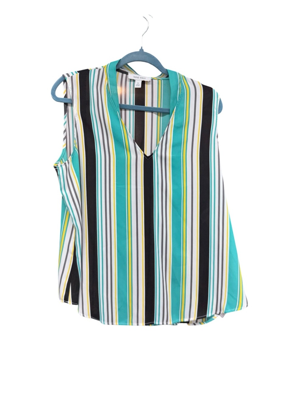 Nine West Teal, Black & White Vertical Stripe V-Neck Sleeveless Top